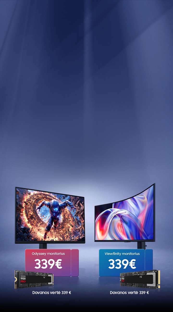 „Odyssey“ ir „Viewfinity“ serijos monitoriai su dovanų 9100 PRO SSD disku (1 TB)