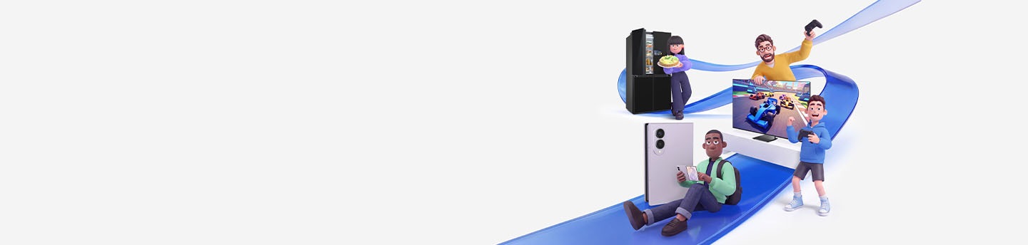Žmonės, besimėgaujantys išmaniosiomis patirtimis su „Bespoke AI“ šaldytuvu, „Micro RGB“ ir „Galaxy Fold8“