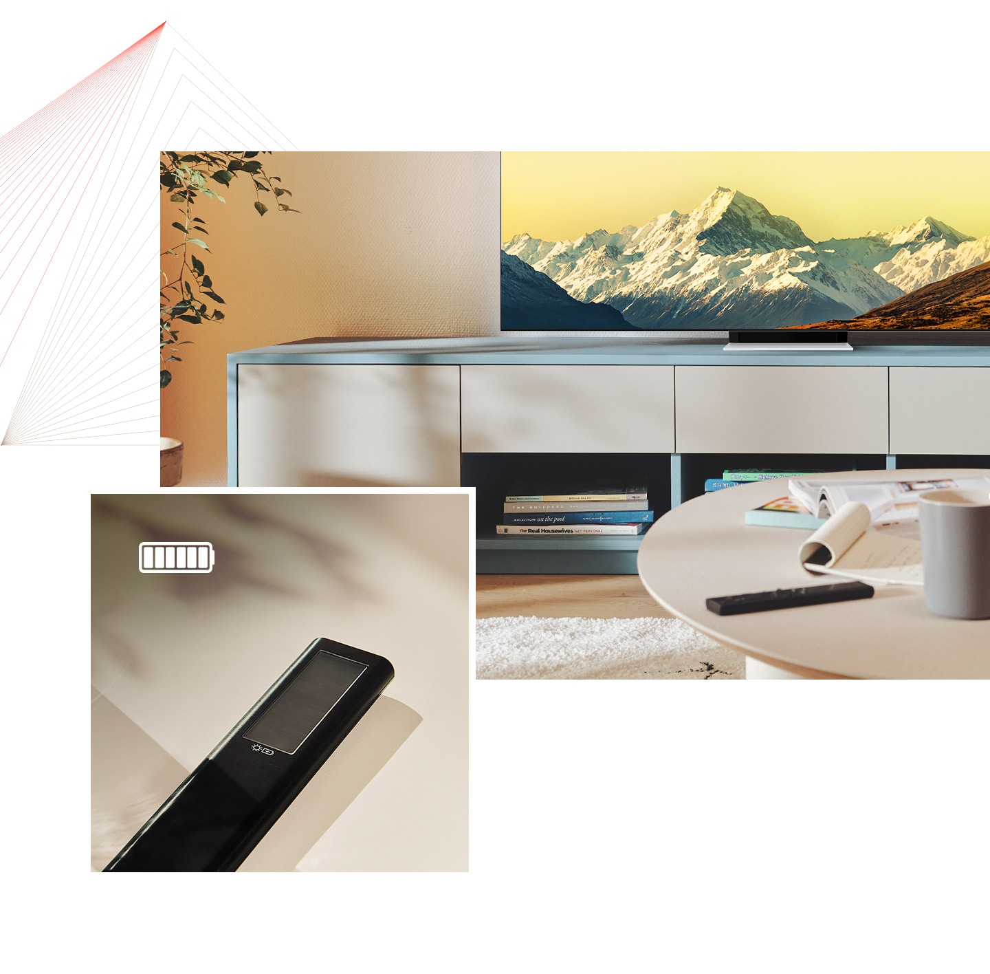 Pirma, „SolarCell Remote“ yra ant stalo šviesiame kambaryje, kuriame taip pat rodomas „Neo QLED“. Antra, „SolarCell Remote“ nuotolinio valdymo pultelis iš arti rodomas su visiškai įkrauto akumuliatoriaus piktograma.
