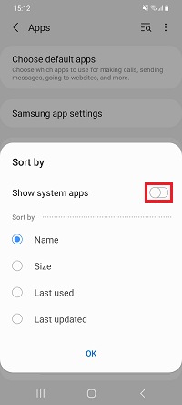 Show system apps is selected in the Apps menu on a Galaxy smartphone