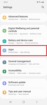 Apps is selected in the Settings menu