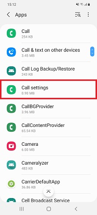 Call settings app is selected in the Apps menu on a Galaxy smartphone