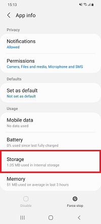 Storage is selected in the Call settings app on a Galaxy smartphone