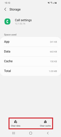 Clear cache and clear data is selected for the Call settings app on a Galaxy smartphone