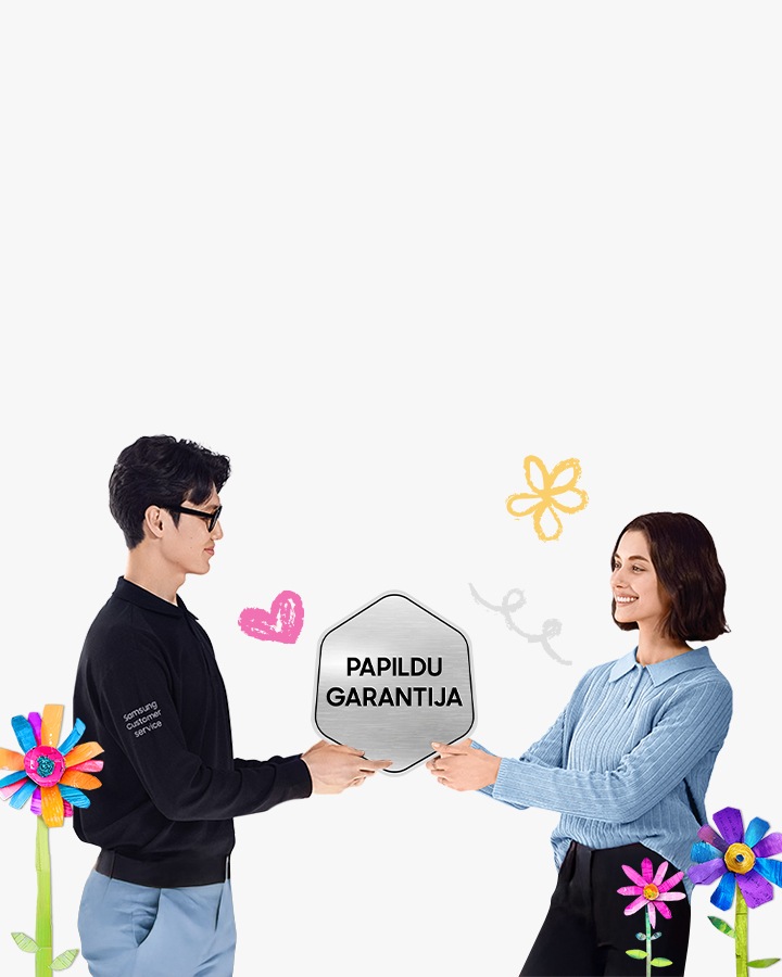 Samsung Care+ banner featuring the Samsung Care+ logo on the left, and on the right a man and a woman smiling as they exchange a smartphone, surrounded by colorful paper flower on a gray background.
