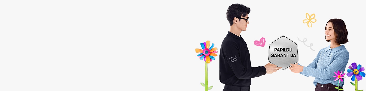 Samsung Care+ banner featuring the Samsung Care+ logo on the left, and on the right a man and a woman smiling as they exchange a smartphone, surrounded by colorful paper flower on a gray background.