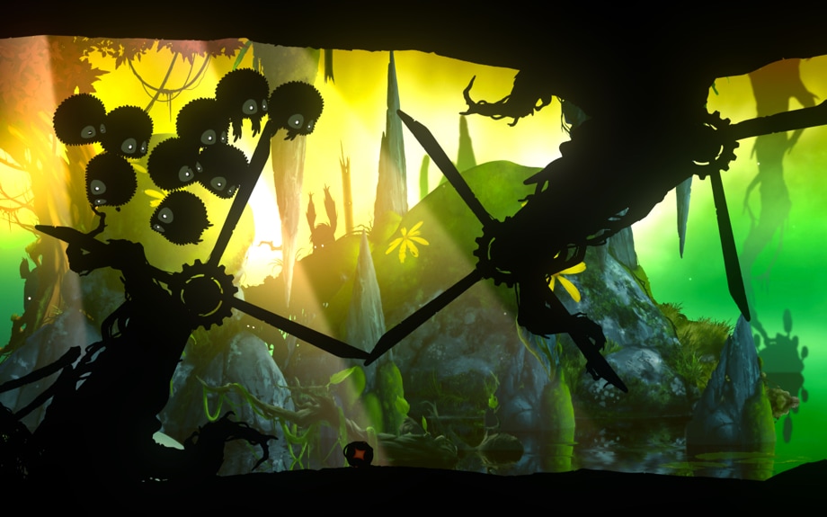 A screenshot of gameplay from the game Badland, showing multiple characters flying through the air and avoiding obstacles