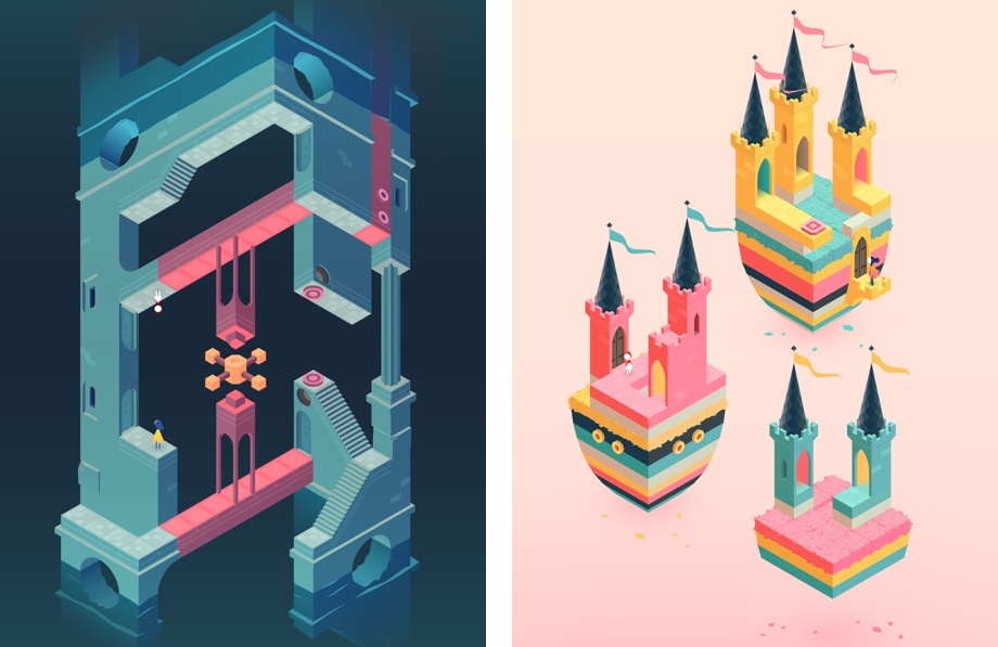 Two images of game Monument Valley 2; one showing a character navigating the magical architecture of the game and the other showing the stunning worlds where this all takes place