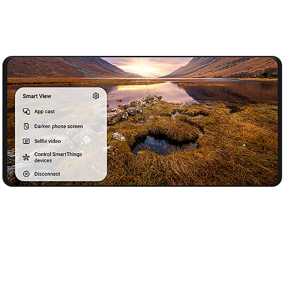 Паметен телефон Galaxy со скокачки прозорец со Smart View што прикажува 5 опции: Емитување апликации, Затемнување на екранот на телефонот, Видео за селфи, Контролирајте ги уредите SmartThings и Исклучете се.
