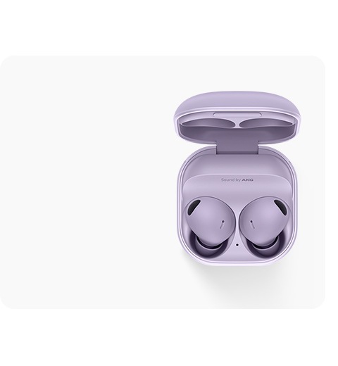 စိမ်းဝါရောင်ရှိသည့် Galaxy Buds2 ကို ပြသထားသည်။