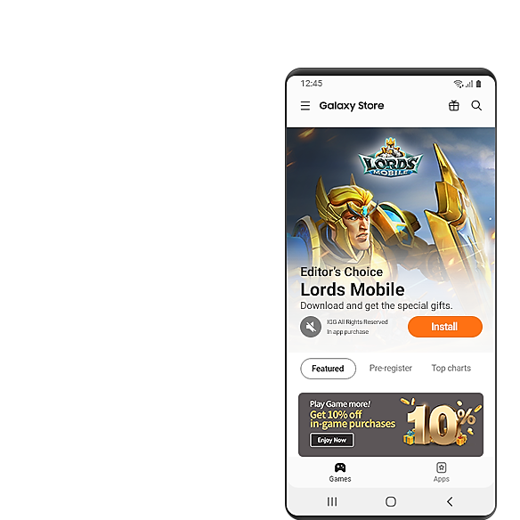 Galaxy Store လုပ်ဆောင်ချက် စာမျက်နှာမှ MMORPG၊ Lords Mobile ထည့်သွင်းမှု စခရင်ကို ပြသနေသည့် စမတ်ဖုန်း။