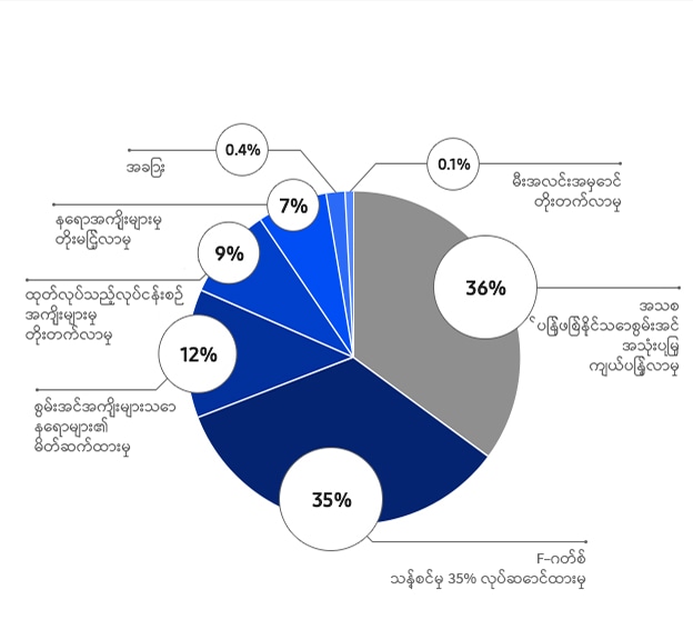 GHG ထုတ်လွှတ်မှုများ လျှော့ချရေး။ အသစ်ပြန်ဖြစ်နိုင်သောစွမ်းအင် အသုံးပြုမှု တိုးချဲ့ခြင်း၊ 36%။ စီစဉ်လုပ်ဆောင်ထားသော F-ဓာတ်ငွေ့ သန့်စင်မှု၊ 35%။ စွမ်းအင်ချွေတာသော အဆောက်အအုံများ မိတ်ဆက်ပေးခြင်း၊ 12%။ ကုန်ထုတ်လုပ်ရေး လုပ်ငန်းစဉ် အကျိုးရှိမှု တိုးမြှင့်ခြင်း၊ 9%။ အလုပ်ရုံ အကျိုးများမှုကို တိုးမြှင့်ပါ၊ 7%။ အခြား၊ 0.4%။ အလင်းရောင် တိုးမြှင့်မှု၊ 0.1%။