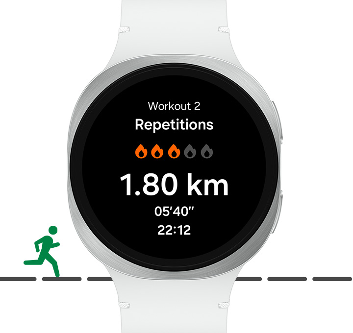 Running Coach screen shown on Galaxy Watch8 with the text  Workout 2. Repetitions. 1.80 km, 05'40". and time 22:12. A running pictogram is shown in the background.