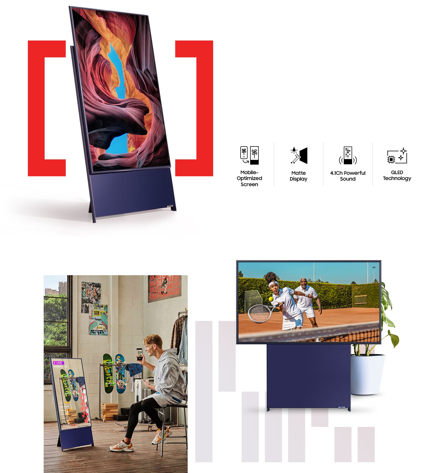 The Sero портрэйт горимд байна. Mobile Optimized Screen, Matte Display, 4.1Ch Powerful Sound болон QLED Technology зэрэг шилдэг 4 функц танилцуулагдана. 