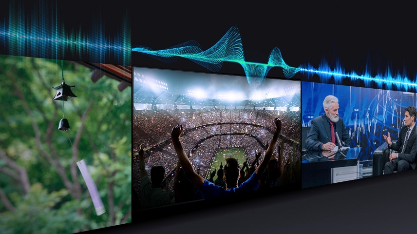An audio bar over scenes of a windchime, a stadium and a talk show demonstrate that each scene has a different audio level.