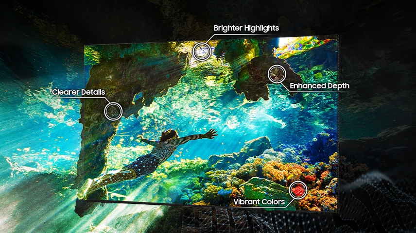 A scene of a boy underwater is optimized to have brighter highlights, clearer details, enhanced depth and vibrant colors.
