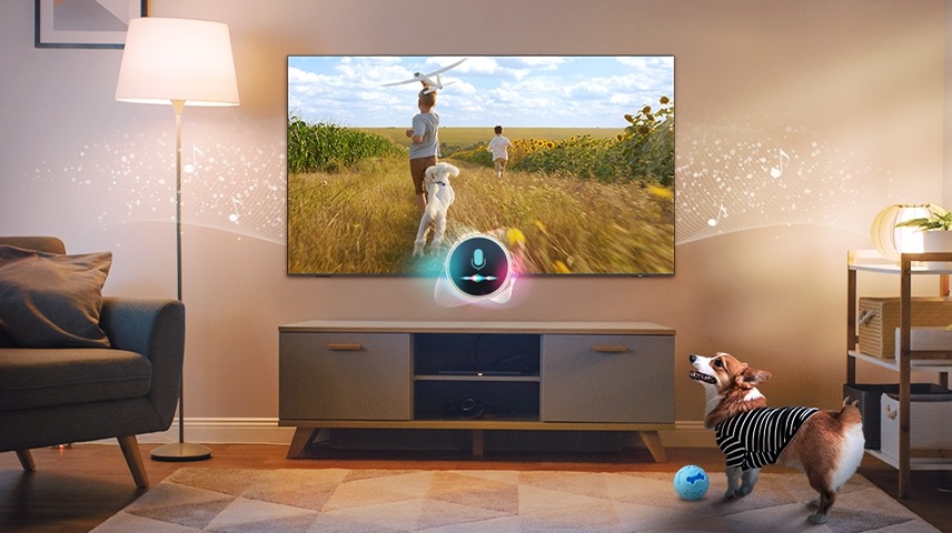 A TV's connected mic detects a dog's presence. The dog looks happy as the TV plays a peaceful scene along with music.