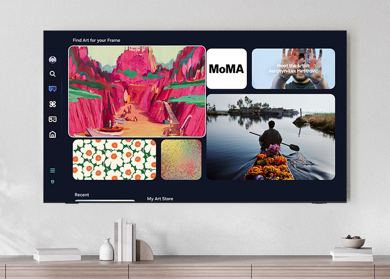A TV displays the Samsung Art Store with options to find art pieces and discover artists and institutions.