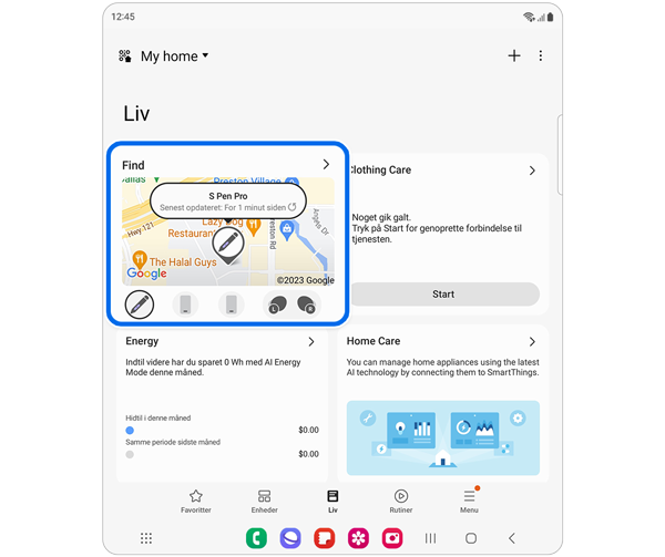 SmartThings Life-side med valgt Find-kort.
