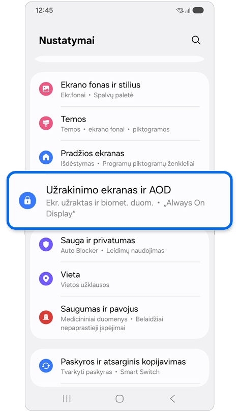 Nustatymų pradžios ekranas.