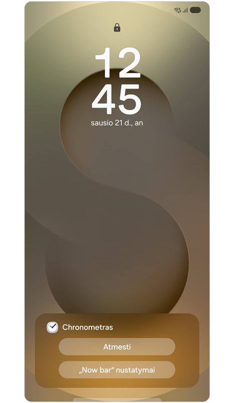 Užrakinimo ekranas su „Now bar“ parinktimis.