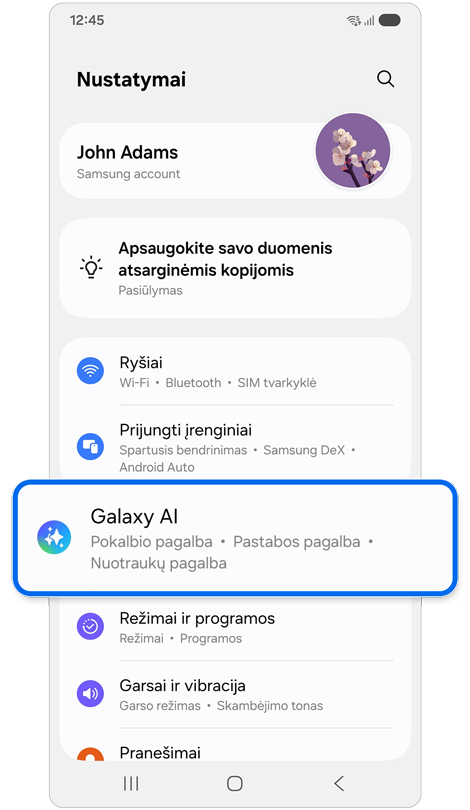 Nustatymų pradžios ekranas.