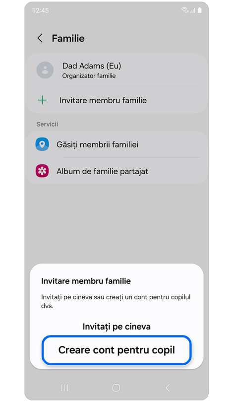 Fereastră pop-up pentru a invita membrii familiei în grup