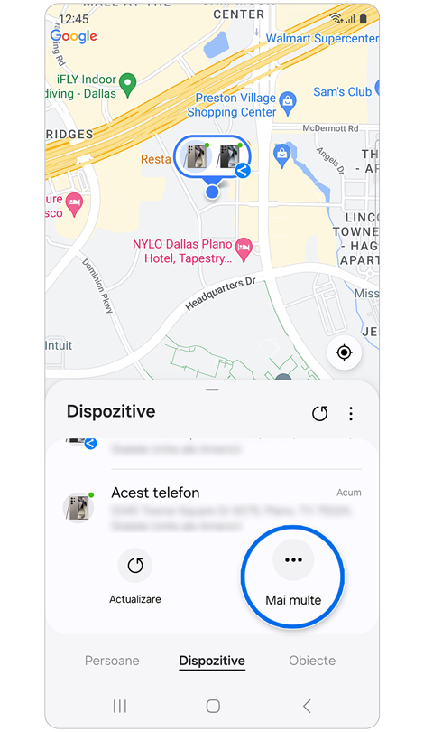 Hartă care arată locația dispozitivului selectat.
