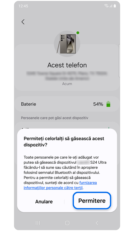 Fereastră pop-up pentru a permite altora să găsească dispozitivul selectat.