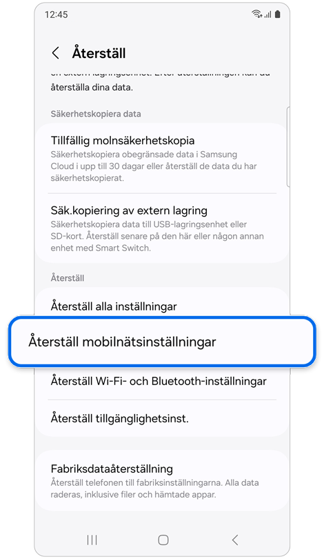 Skärmen Återställ.