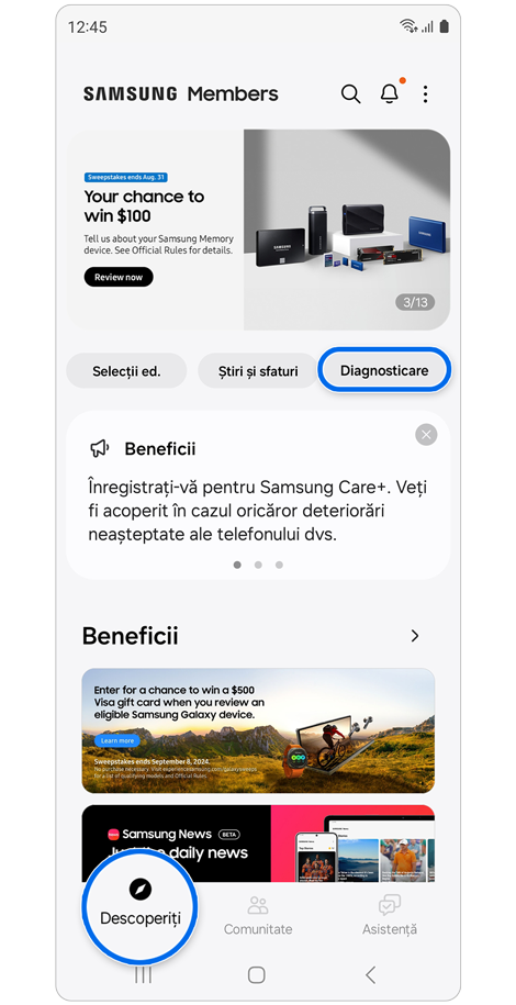 Aplicația Samsung Members fila Descoperiți.