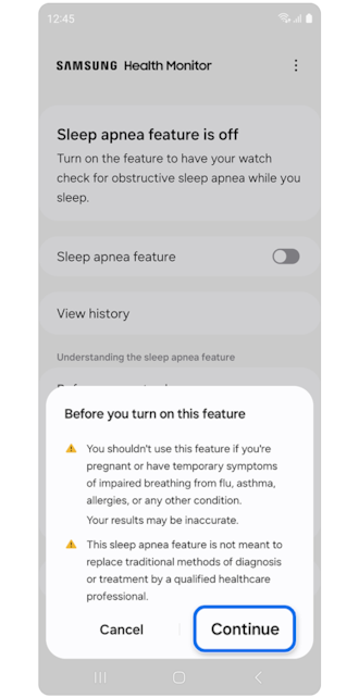 How to enable Sleep Apnea Feature? Released for all Samsung Galaxy Watch in 70 countries! 7 Pop up window with precautions.