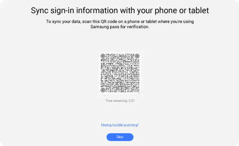 View of Samsung Pass PC app QR code. 