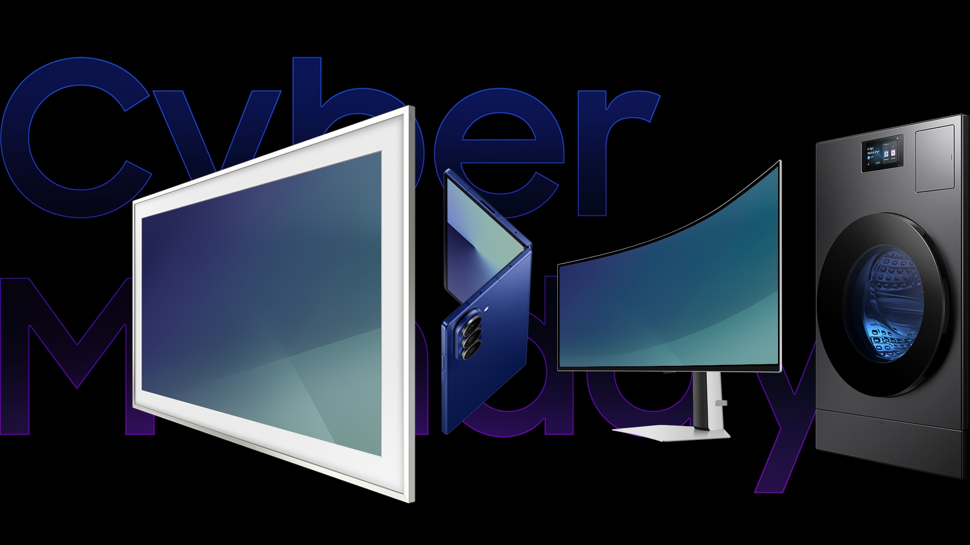 Banner con tipografia de Cyber Monday con productos Galaxy, Vision AI, Bespoke y Monitor curvo