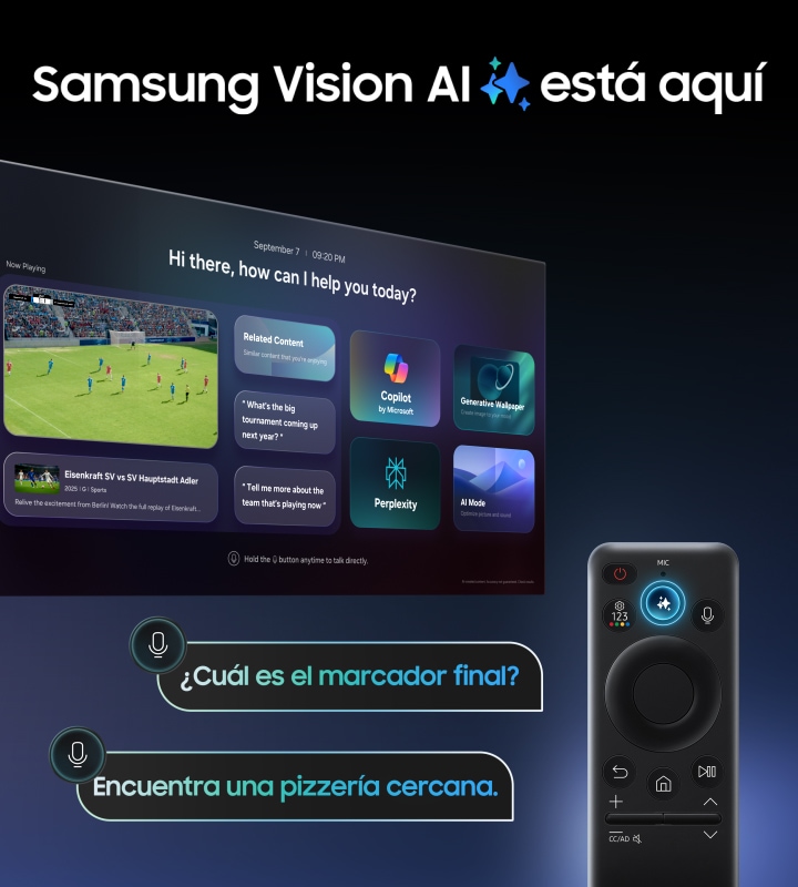 Al hacer clic en el botón Vision AI del control remoto aparece el logotipo Samsung Vision AI is here. Las funciones como Copilot, Generative Wallpaper, Perplexity y AI Mode aparecen en un monitor que muestra la interfaz del usuario de Vision AI. A medida que se presiona el botón del micrófono, se muestran los comandos de voz. ¿Cuál fue el puntaje final? Encuentra pizzerías de entrega cercanas.