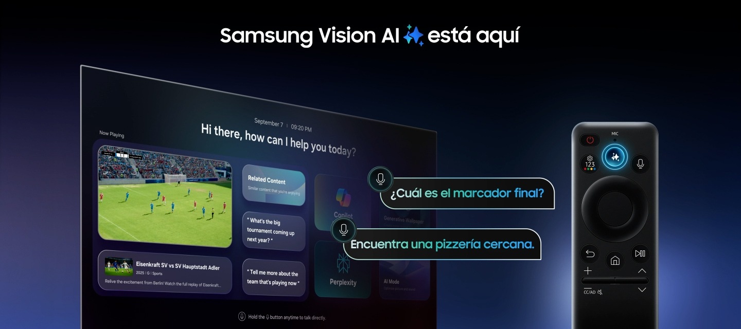 Al hacer clic en el botón Vision AI del control remoto aparece el logotipo Samsung Vision AI is here. Las funciones como Copilot, Generative Wallpaper, Perplexity y AI Mode aparecen en un monitor que muestra la interfaz del usuario de Vision AI. A medida que se presiona el botón del micrófono, se muestran los comandos de voz. ¿Cuál fue el puntaje final? Encuentra pizzerías de entrega cercanas.