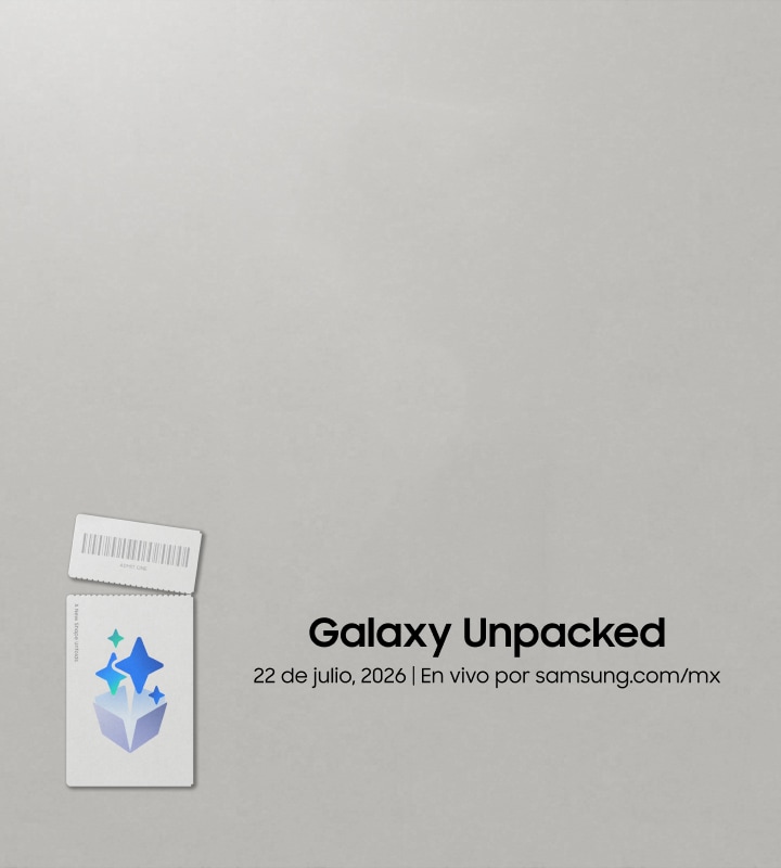 Tarjeta de Galaxy Unpacked con un ícono de una caja abierta de la que emergen estrellas azules. A la derecha se muestra el título Galaxy Unpacked, la fecha del evento y un botón para preregistro.
