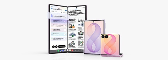 Un Galaxy Z Fold8 Ultra desplegado. En la pantalla principal se puede ver una vista dividida de Gemini Notebook y una imagen. A continuación, se ve un Galaxy Z Fold8 plegado desde la pantalla exterior. Luego, se ve un Galaxy Z Flip8 en FlexMode desde la pantalla exterior.
