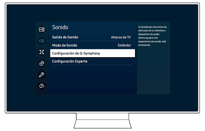 Samsung Smart TV Sound settings menu with the Q-Symphony Setup option highlighted for configuring enhanced audio with connected devices.