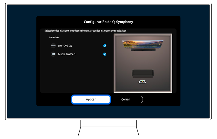 Samsung Smart TV Q-Symphony Setup screen, showing the selected soundbar model 'HW-Q930C' with an 'Apply' button ready to sync the device for enhanced audio.