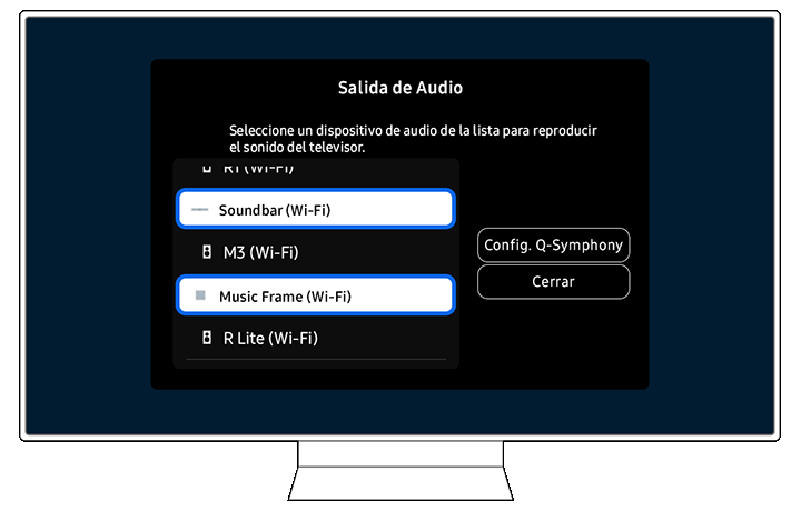 Screen showing the Sound Output menu on a Samsung Smart TV, with 'Soundbar (Wi-Fi)', 'M3 (Wi-Fi)', and 'Music Frame (Wi-Fi)' listed as available audio devices for connection.