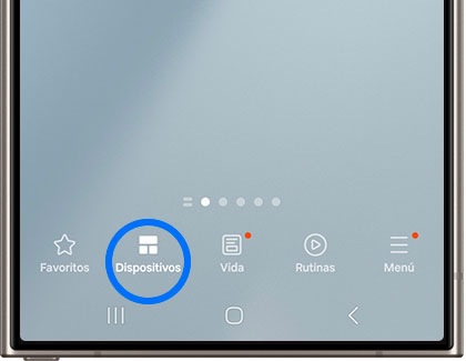 Close-up of the SmartThings app interface on a mobile device, highlighting the 'Devices' tab selected to manage connected Samsung devices.