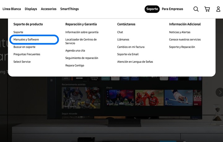 “Manual and Software” highlighted on the Samsung website.