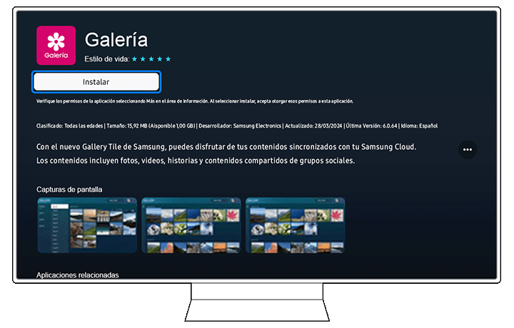 App installation screen on a 2024 Samsung Smart TV for the Gallery app, featuring an 'Install' button, app details, and screenshots.