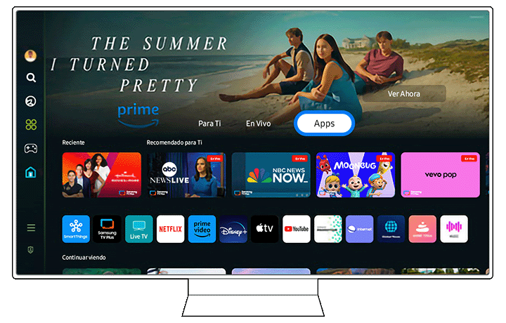 Main interface of a 2024 Samsung Smart TV displaying the 'Apps' section with icons for Prime Video, Netflix, Apple TV, and others. A banner for 'The Summer I Turned Pretty' on Prime Video is featured at the top.