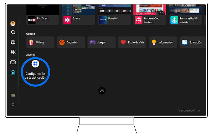 App settings screen on a 2024 Samsung Smart TV, showing categories like Videos, Sports, and Games. An 'App Setting' icon is highlighted in the center, with app thumbnails such as Gallery and NewsON visible above.