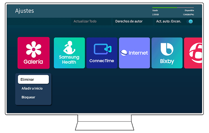 Settings menu on a 2024 Samsung Smart TV showing app icons for Gallery, Samsung Health, and others. Options for 'Delete', 'Add to Home', and 'Lock' are displayed below the app icons.