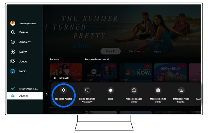 Screenshot of a Samsung Smart TV interface showing the 'Settings' menu highlighted, with options including 'All Settings' selected.