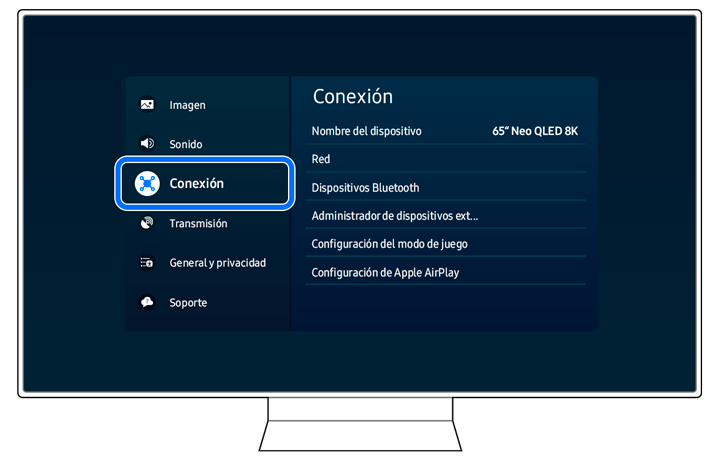 Interface of a Samsung Smart TV displaying the menu with 'Connection' selected.