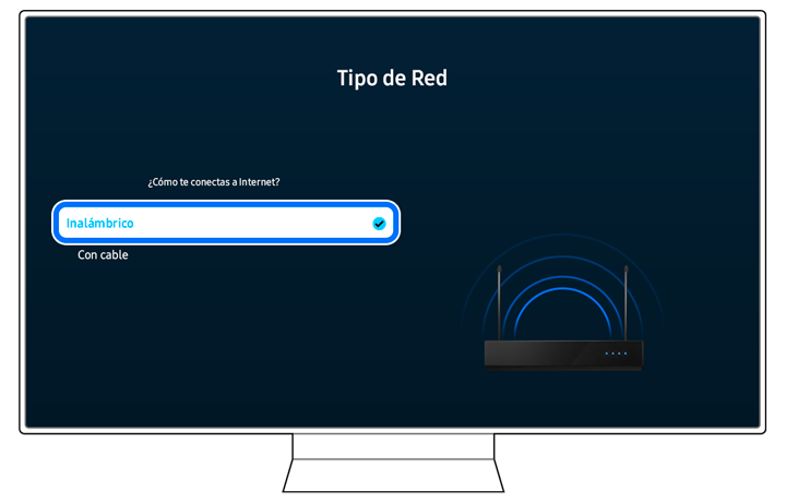 Display screen on a Samsung Smart TV showing 'Network Type' options, with 'Wireless' selected as the method to connect to the internet.